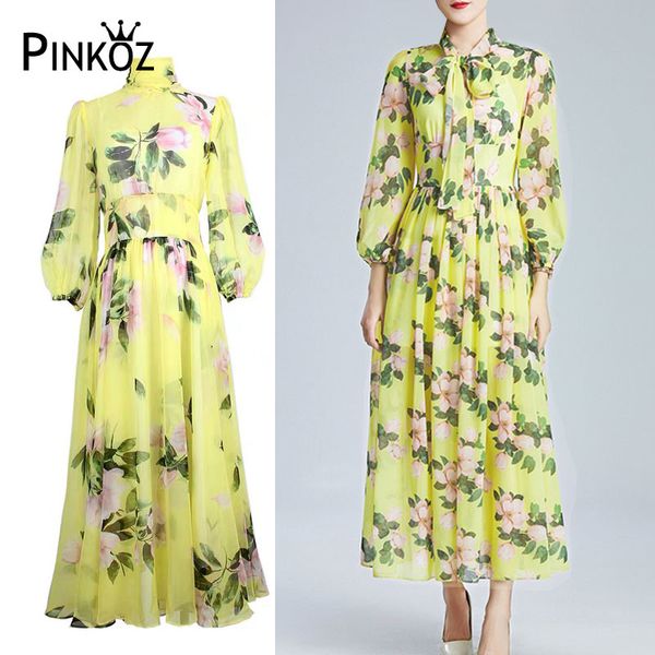 Designer Fashion Runway Vintage Midi Kleid Frauen Langarm Elegante Bogen Gürtel Gelbe Blume Druck Chiffon Vestdios 210421