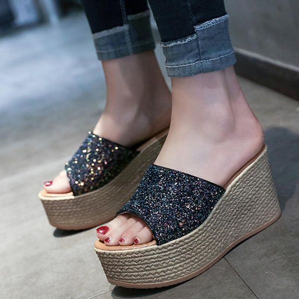

high heel wood slippers for women summer beach platforms casual roman shoes female outdoor rome slipper thick bottom slides, Black