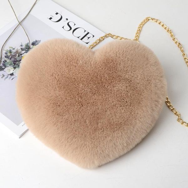 

evening bags heart-shaped bag women valentine's day golden chain plush shoulder red khaki love faux fur diagonal girl coin purse