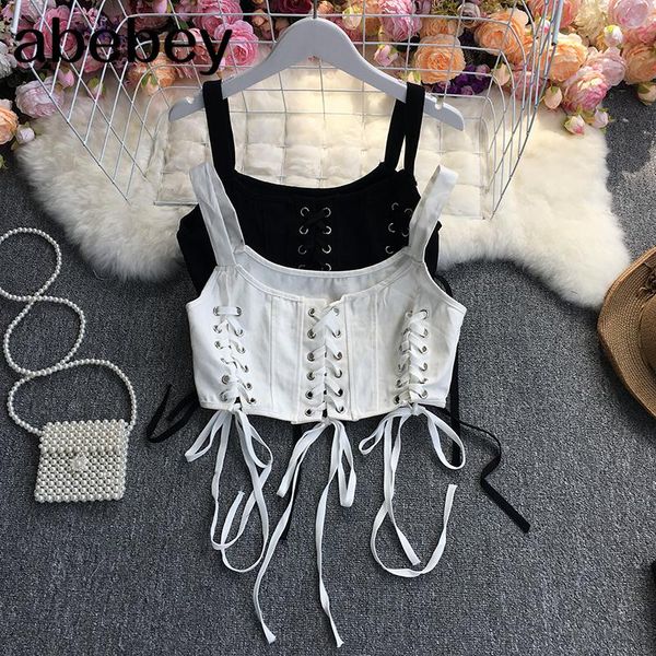 

women's tanks & camis 2021 summer fashion versatile sleeveless off shoulder cami vest cross bandage high waist solid short top, White