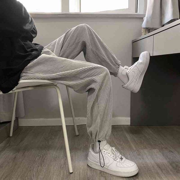 

corduroy korean version trend versatile summer casual men's spring and autumn loose wide leg drawstring harlan pants, Black