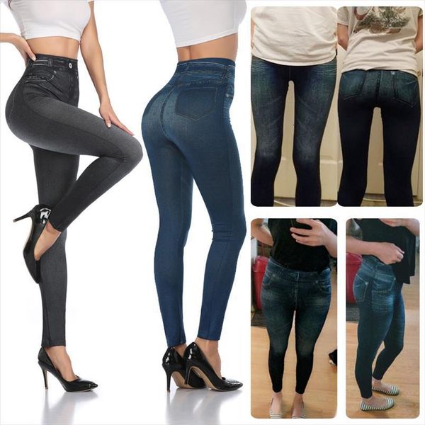 

fashion slim faux denim womens leggings jeans printing summer casual pencil pants fitness, Black