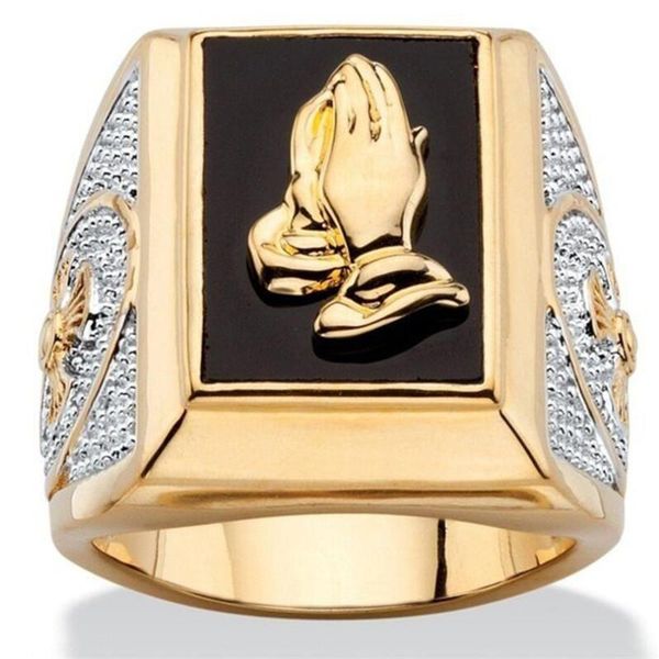 

religious belief pray gesture gold ring cross index finger crystal men's jewelry accessories cluster rings, Golden;silver