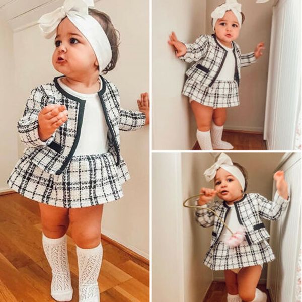 

kid birthday clothes baby girl autumn outfit plaid long sleeve tutu mini dress+knit cardigan jacket fashion 2pcs sets warm, White