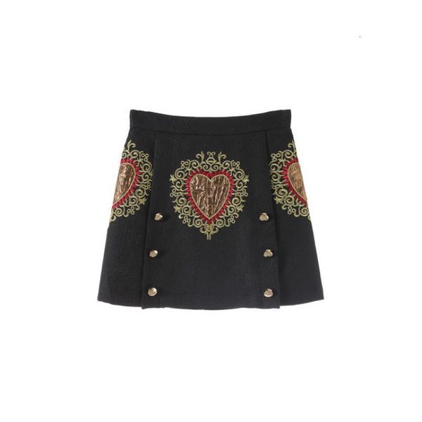 

skirts vintage runway women 2021 autumn black jacquard dark pattern love embroidery double breasted a-line vestidos rilt
