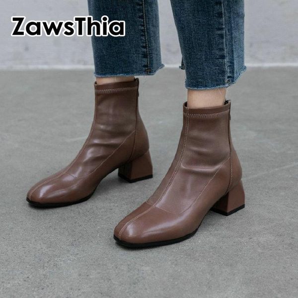 

boots zawsthia 2021 winter spring soft pu solid color woman ankle chunky med heels shoes slim plus size 42 43, Black