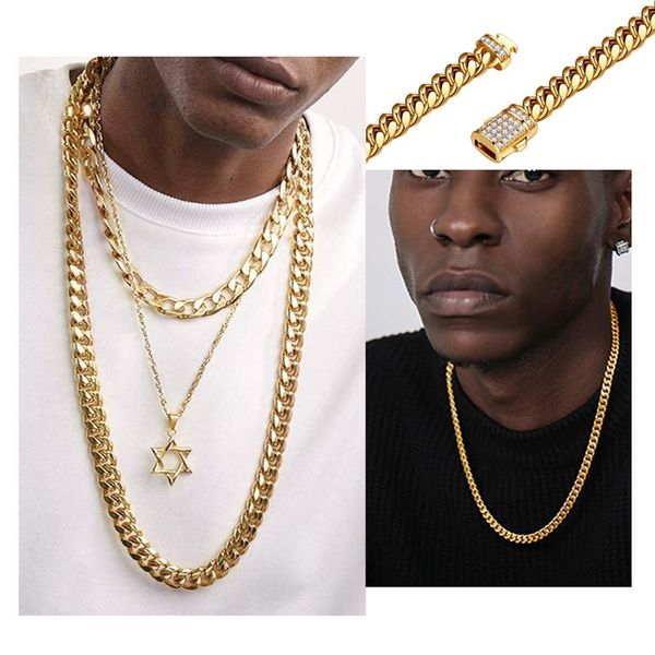 

chains 6-14mm stainless steel cuban link chain necklace with bling zircon button for men women choker ship, Silver