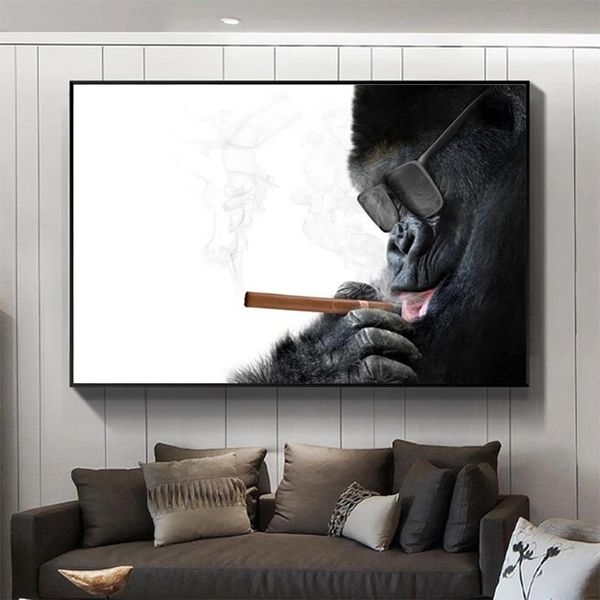 ARTE Scimmia Fumatori Poster Pittura murale in bianco e nero per soggiorno Decorazioni per la casa Immagini su tela di animali