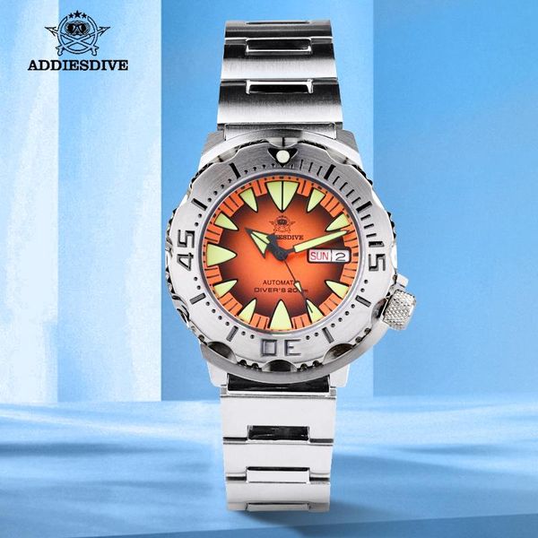 

wristwatches arrival addiesdive monster watch for men nh36 automatic movement sapphire glass 20bar luminous diver watches mechanical, Slivery;brown