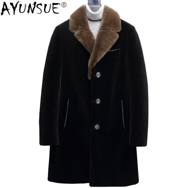 

men's leather & faux ayunsue winter real fur coat men warm natural milk collar coats 100% wool jacket thick down outerwear clothing wpy, Black