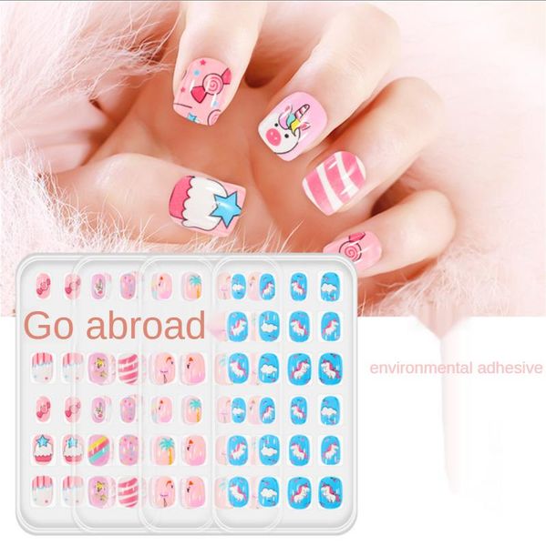 

false nails 24 pieces boxed children wearing finished press on nail art patch cartoon print fake straps back film glue, Red;gold