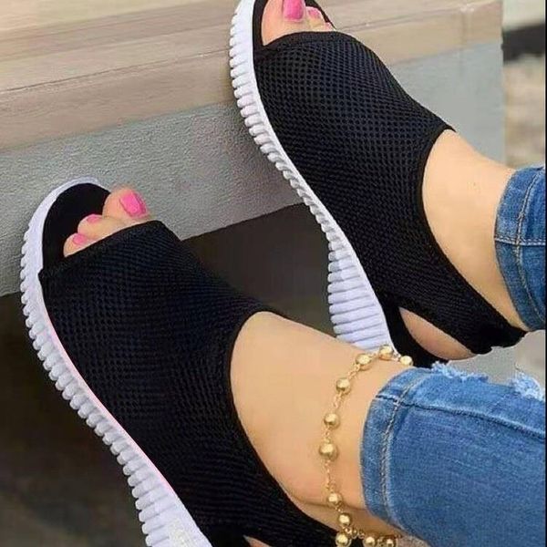 

sandals 2021 women's fashion casual pure color knitted mesh printed flat-bottom comfortable trend all-match summer, Black