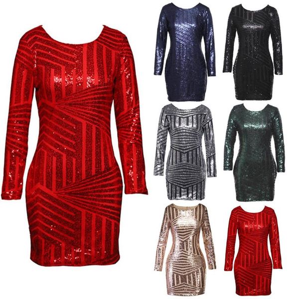 

casual dresses fashion women sequins o neck full sleeve solid backless girdle party dress vestidos legant charming christmas f1, Black;gray