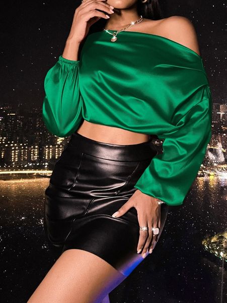 

asymmetrical neck crop satin blouse n7va#, White