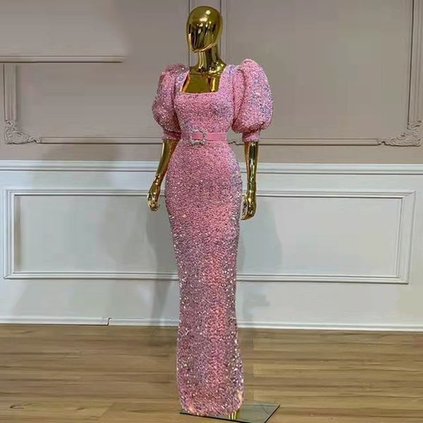 Glitter rosa lantejouled bainha vestidos de noite chão comprimento quadrado pescoço de manga curta bling vestidos de baile longo elegante vestidos de festa de celebridade para mulheres menina 2022