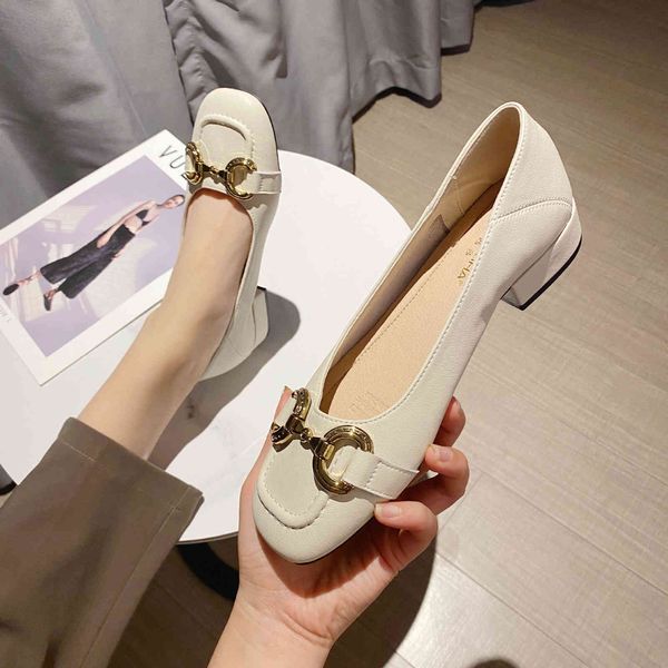 

metal round buckle thick heel leather single shoe women's shallow mouth square head low heel women's shoes comfortable soft sole, Black