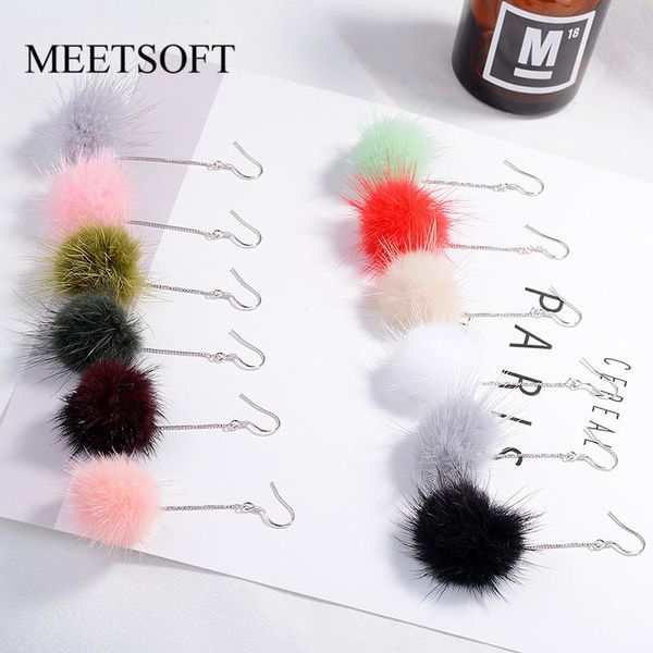 Lampadario pendente MEETSOFT Argento 925 Prevenire le allergie Orecchini pendenti alla moda per le donne Trendy Multicolor Fluff Ball Simpatico regalo di gioielli in peluche