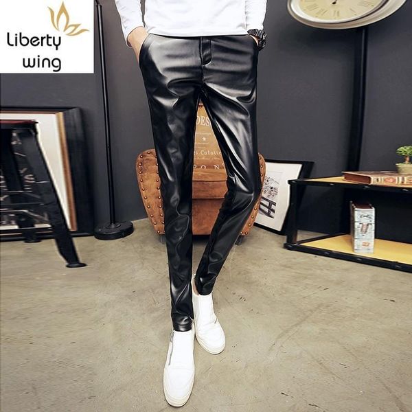 

men's pants men loose warm pu leather autumn winter casual motorcycle biker trousers white/red/blue/black/brown/khaki pencil
