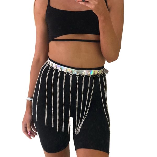 

holographic leather waist skirt chain belt raver wear harness festival outfits accessories body jewelry, Silver