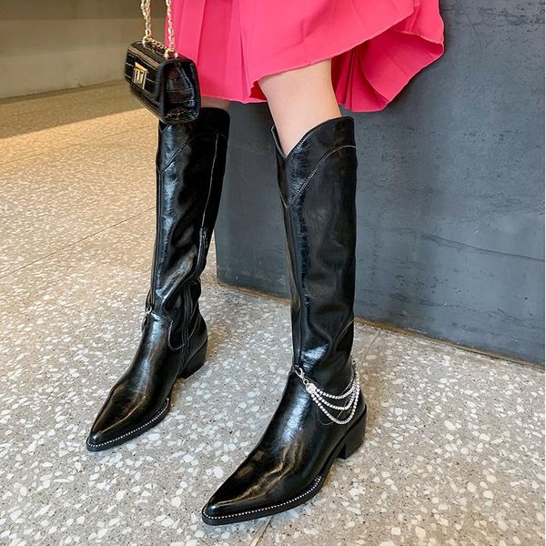 

boots retro women's 2021 autumn winter shoes woman heels genuine leather high knee wide leg est, Black