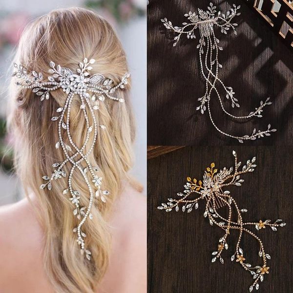 

hair clips & barrettes gorgeous fashion crystal rhinestone long bridal comb accessories wedding headdress hand-woven jewelry gifts, Golden;silver