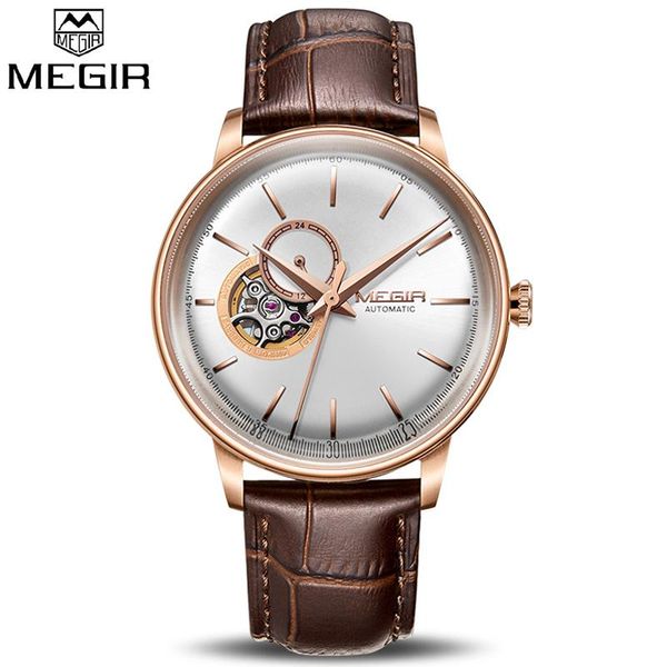 

original megir automatic mechanical watches men luxury skeleton watch clock brown leather shell dial male relogio masculino wristwatches, Slivery;brown