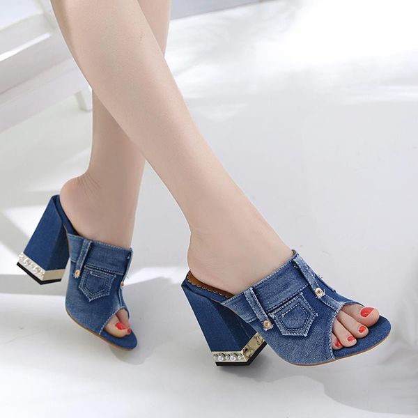 

blue sandals 11cm chunky summer womans shoes fashion denim high heels ladies slippers leisure woman, Black