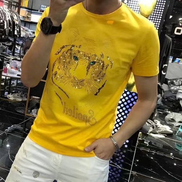 T-shirt da uomo Top con strass testa di tigre 2022 New Trend Heavy Craft Slim Girocollo Cotone mercerizzato di alta qualità Top da uomo manica corta Nero Bianco Giallo M-5XL