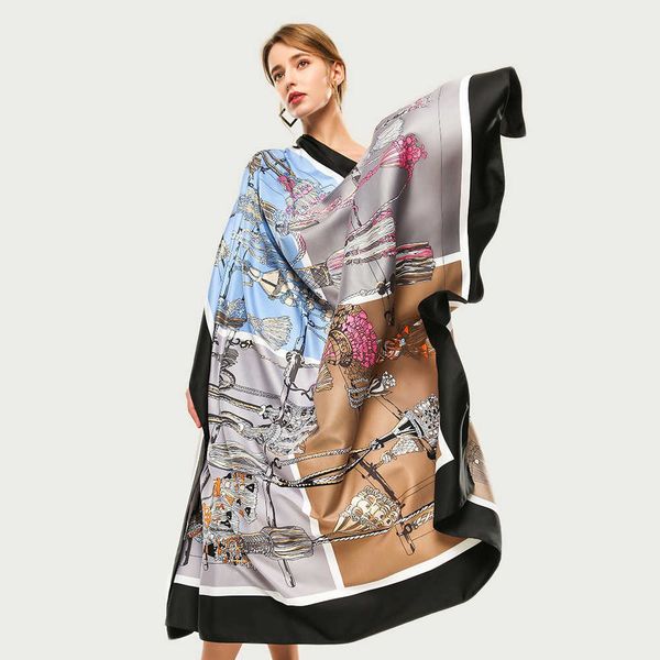 

women square silk neck scarf bronzing luxury print foulard female travel bright scarf stole [3631] q0828, Blue;gray
