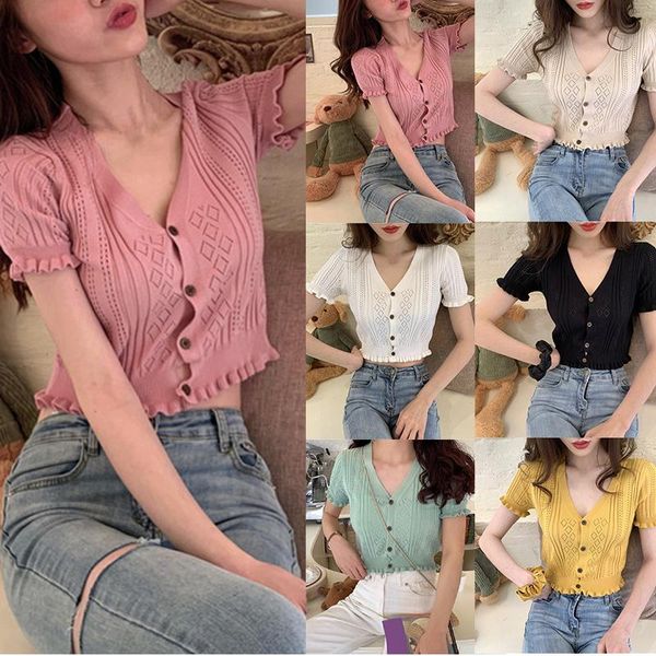 

women's summer short v-neck was thin hollow short-sleeved knitted  t-shirt, White
