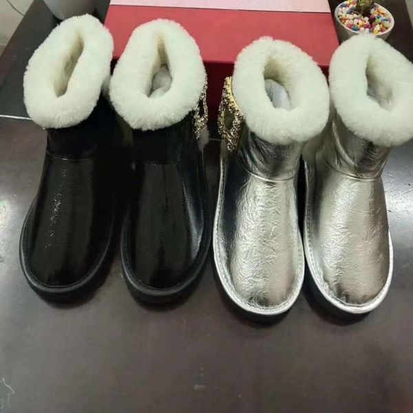 

boots vallu2021 winter big rhinestone buckle flat fur shoes fashion snow, Black