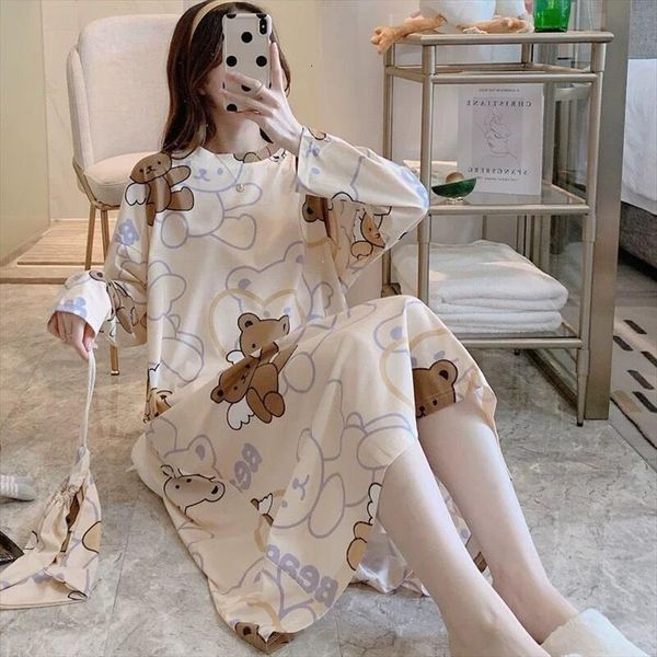 

long sleeve casual night gowns women sleepwear spring cartoon nightgowns home wear girls sleep lounge sleeping dress sleepshirt, Black;red