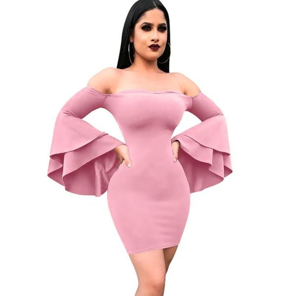 

casual dresses women elegant long flare sleeve off shoulder strapless dress sheath fashion slim party club bodycon vestidos, Black;gray