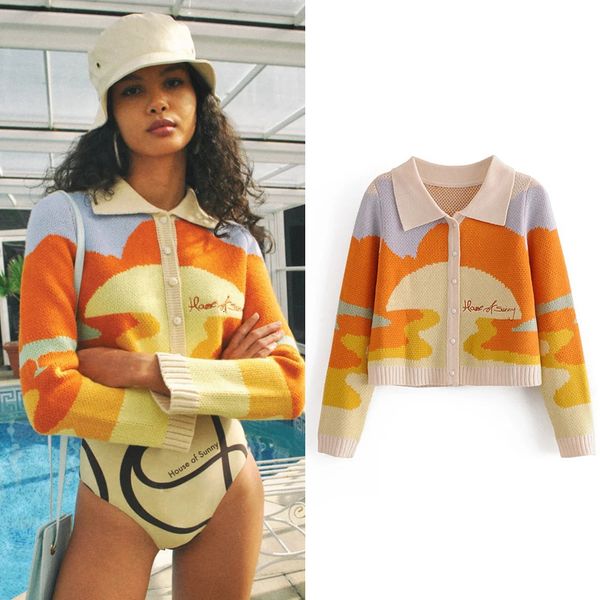 

women's t-shirt 2021 loose short outer wear knitted early autumn cardigan oil painting sweater long sleeve coat women's top, White