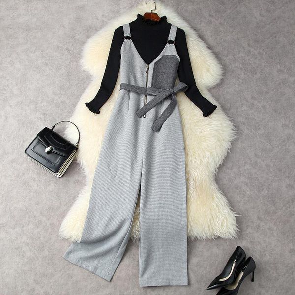 

women's two piece pants clothing set woman 2021 fall stand collar slim-fit knitted sweater + houndstooth wide-leg bib overalls two-piec, White