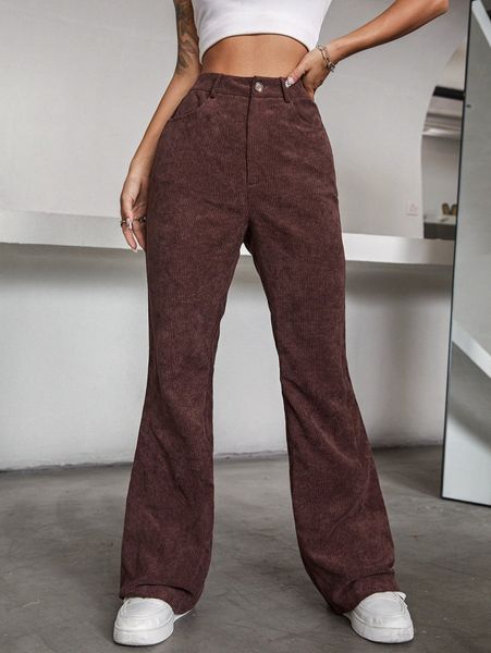 

high waist corduroy flare leg pants 35ni#, Black;white