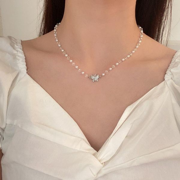 

chains pearls butterfly beaded necklaces for women girls vintage retro classic style antique silver necklace fashion jewelry