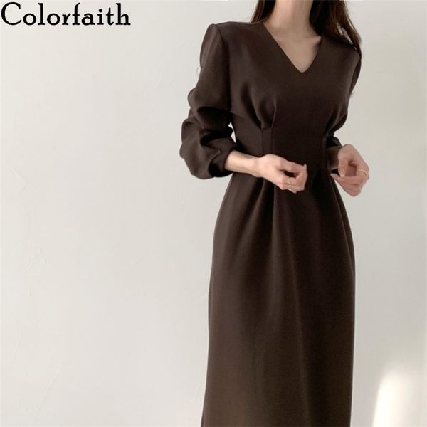 

colorfaith new women's autumn winter dresses vintage korean style fashionable elegant lady pleated solid long dress dr1327 210413, Black;gray