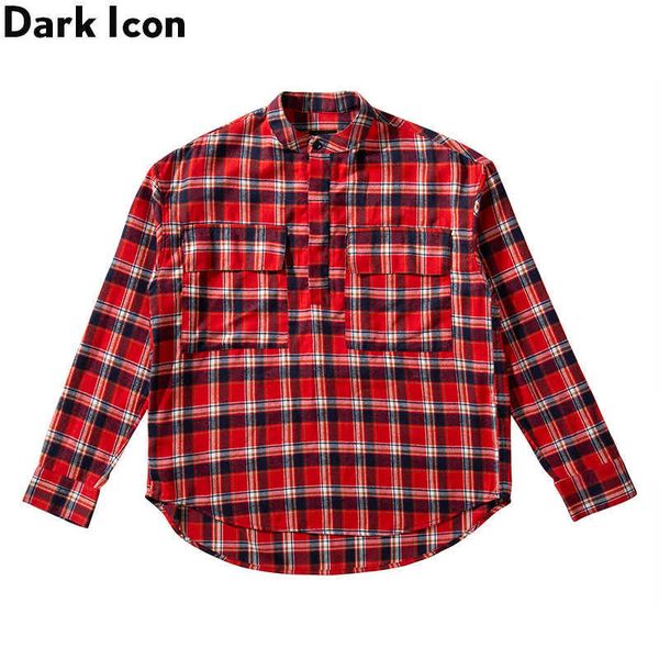 Plaid Flanell Hemd Männer Langarm Henry Kragen Übergroßen männer Hemd Street Fashion Shirts für Männer Rot/gelb 210603