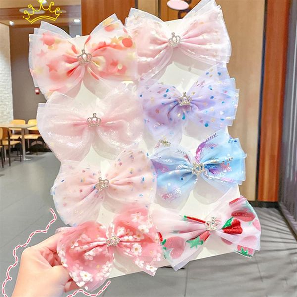 

sweet barrette bow crown flower yarn children hairpin for girl soft mesh barrettes hairgrip fairy cute princess hair accessories, Slivery;white