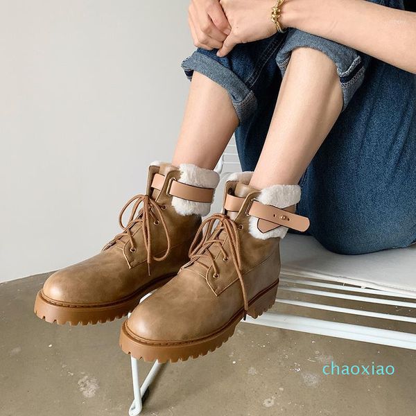 

boots pu leather arrival women winter keep warm lamb wool square heels shoes round toe ankle lace up ladies1, Black