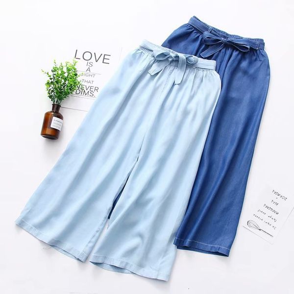 

jeans m7490 - korean women's 2021 summer simple elastic waist lace up tencel wide leg pants, Blue