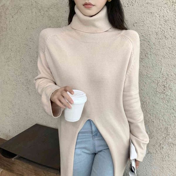 

sweater chic split loose high neck maxi women winter keep warm elegant turtleneck knitted long sweater pullover female, White;black