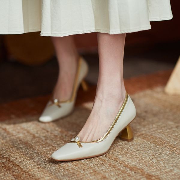 

6012-2 thick heel small square head shallow mouth bow high sho women's pearl mid heel sho of 2021 spring