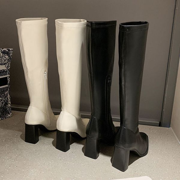 

creamy white knee-length boots women's high heels mid-tube rider boots thick heel thin elastic autumn, Black