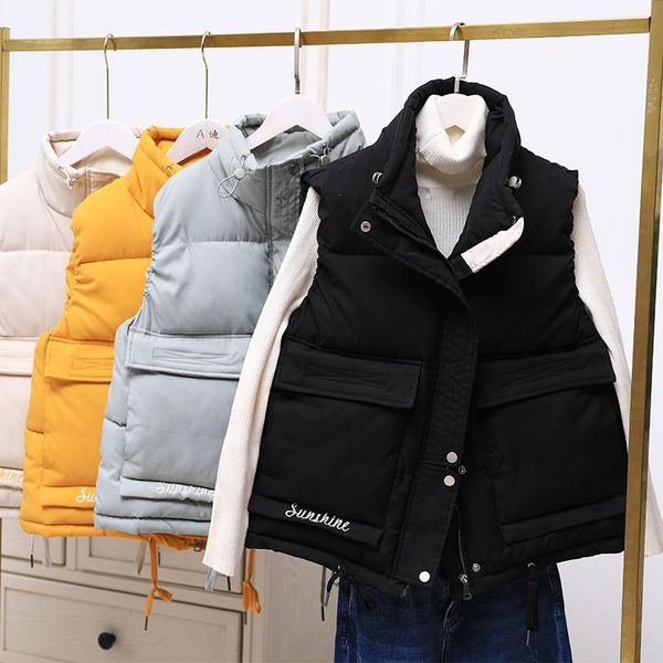 

women's vests autumn women cotton padded puffer sleeveless parkas casual female waistcoat jacket winter thick warm vest coat, Black;white