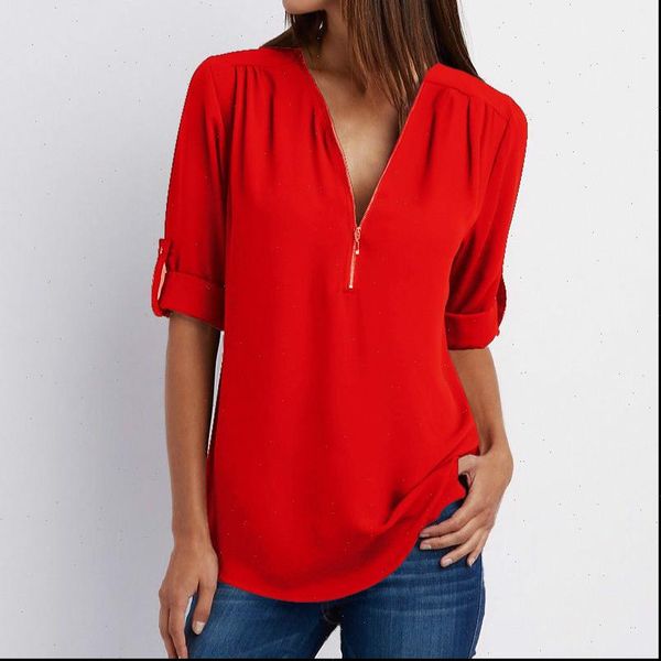 

zipper short sleeve women shirts v neck solid and casual tee female clothes plus size, White