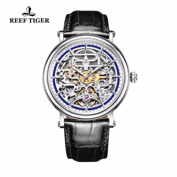 

reef tiger/rt watches business vintage mens automatic with skeleton dial leather strap waterproof watch rga1917 wristwatches, Slivery;brown