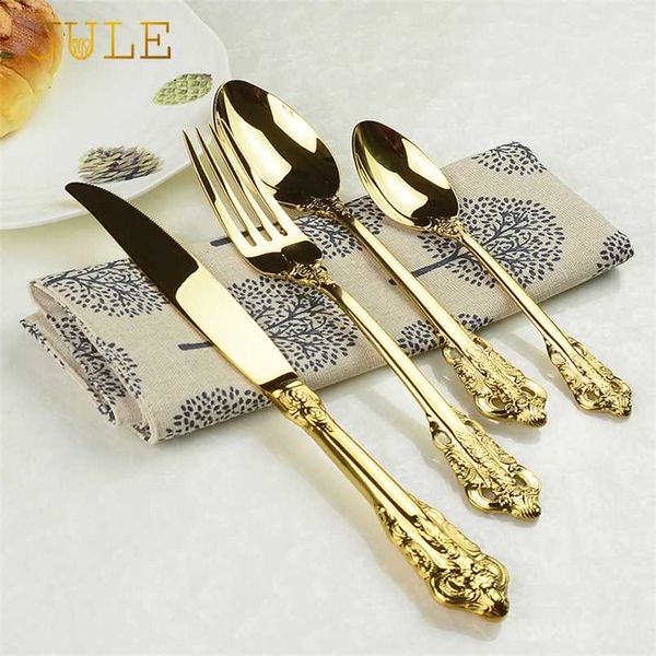 Vintage Western Gold Plated Palettery Stoviglie Set da tavola 24 PZ Dining Coltelli Forks Penspoons Golden Luxury Dininware Set incisione 211108