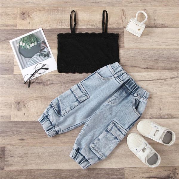 

clothing sets 2021 0-6y fashion kids baby girl black/white solid lace vest+pockets blue denim pants summer 2pcs outfits set
